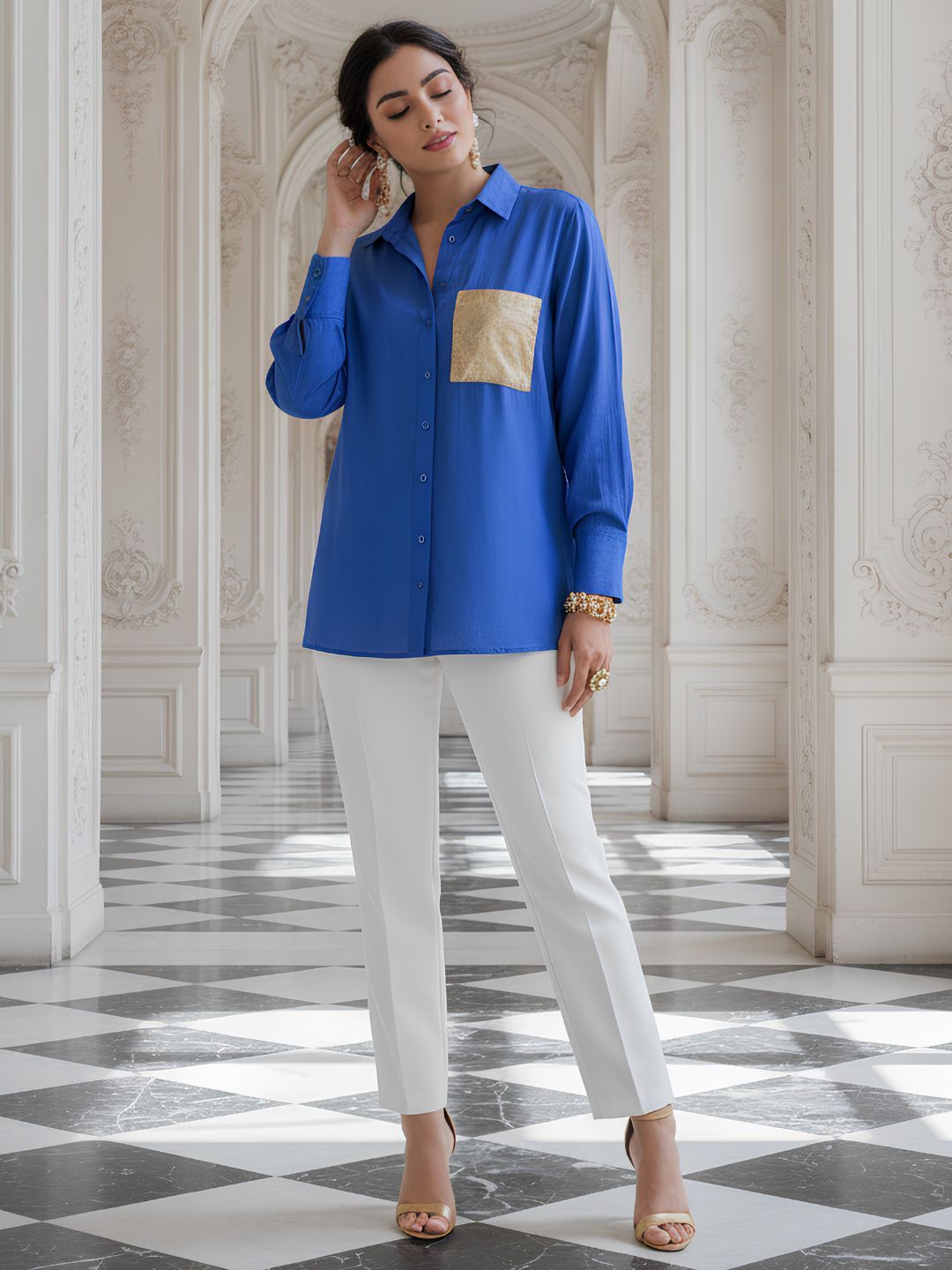 Women's Royal Blue Relaxed Fit Shirt with Gold Pocket Detail