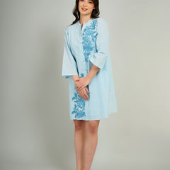Light Blue Embroidered Cotton Shirt Dress