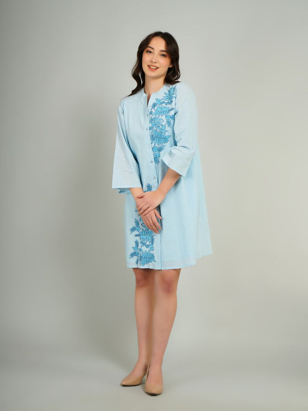 Light Blue Embroidered Cotton Shirt Dress