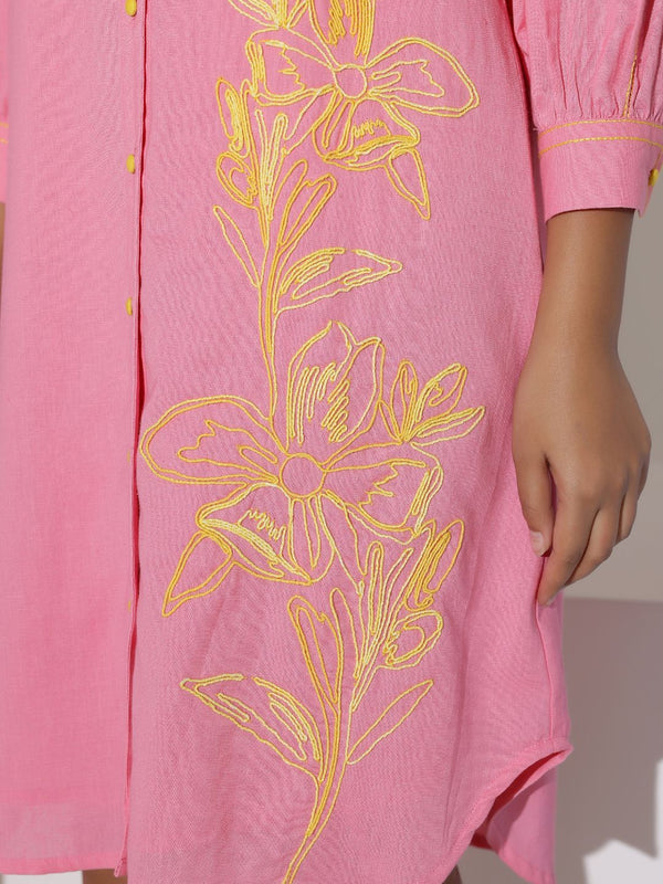 Pink Cotton Mini Shirt Dress