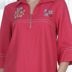 Pink Embroidered Cotton Co-Ord Set with Collar Neck Shirt & Straight Pants