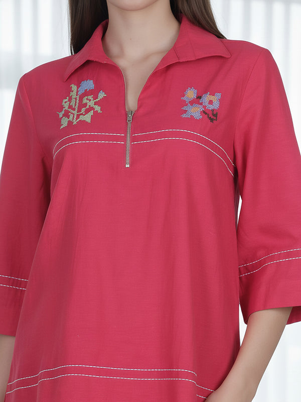 Pink Embroidered Cotton Co-Ord Set with Collar Neck Shirt & Straight Pants