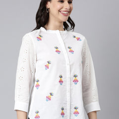 White Printed Schiffli Top