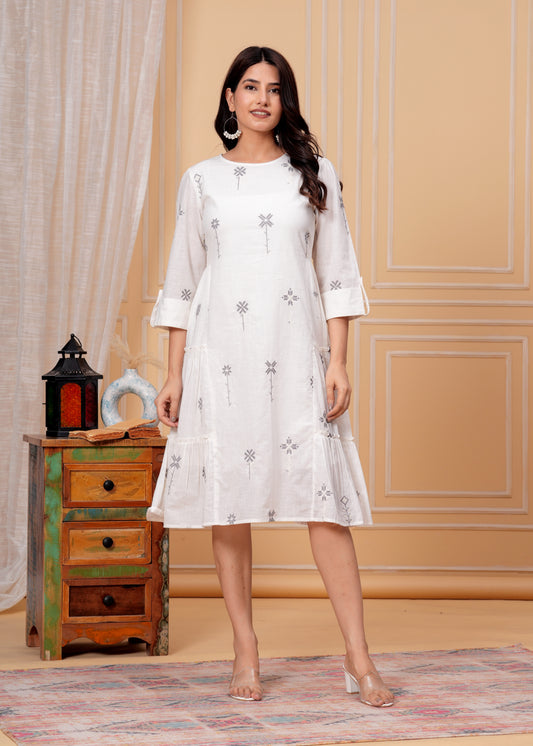 White Rayon Calf Length Midi Dress