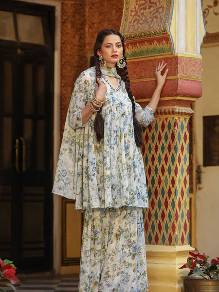 Azmat White Floral Printed Sharara Set