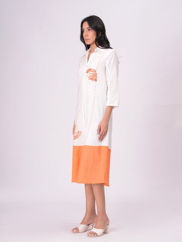 Airy Cotton Linen White Embroidered Midi Dress