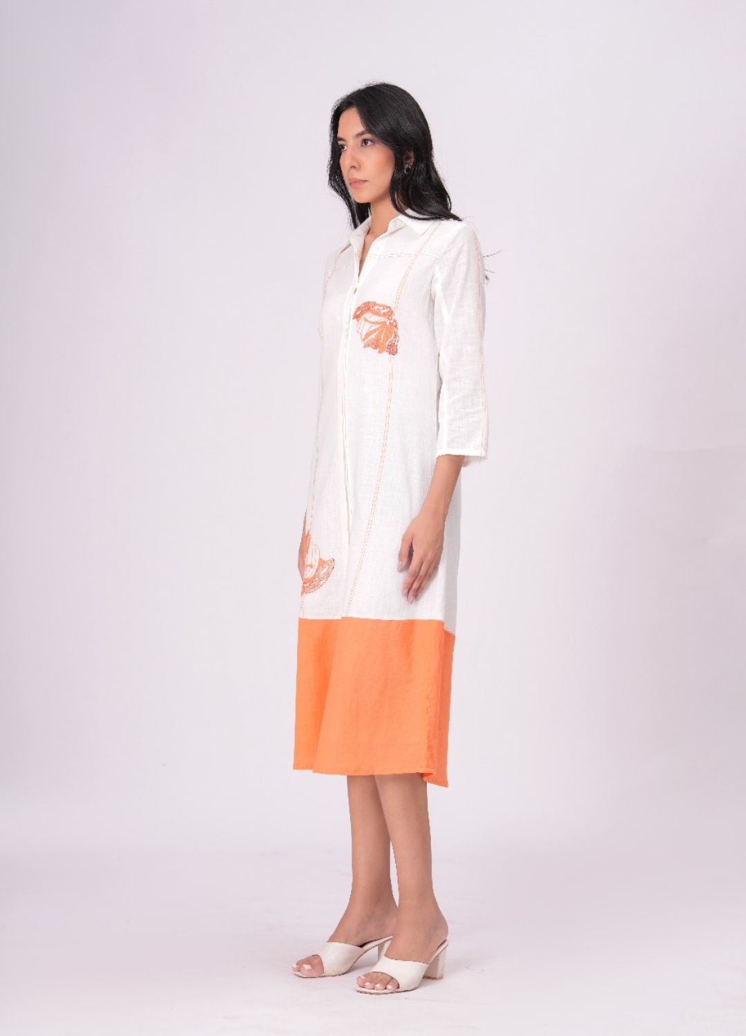 Airy Cotton Linen White Embroidered Midi Dress