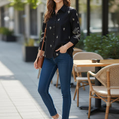 Elegant Black Button-Down Shirt with Floral Embroidered Sleeves