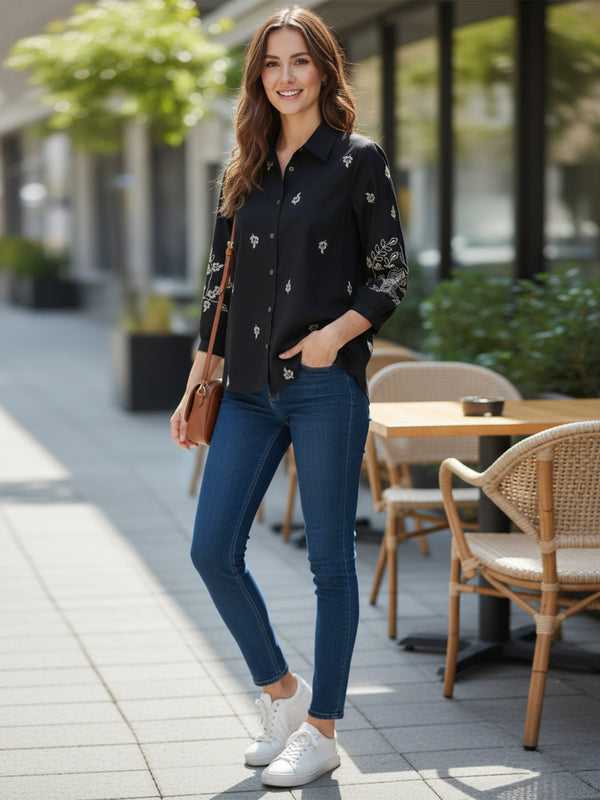 Elegant Black Button-Down Shirt with Floral Embroidered Sleeves