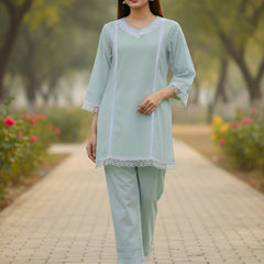 Graceful Bloom Mint Cotton Kurta and Pant Set