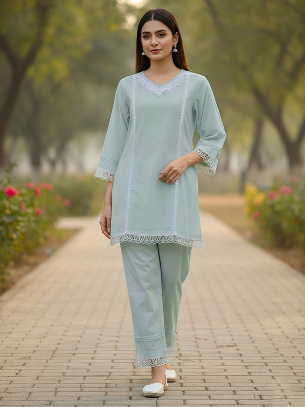Graceful Bloom Mint Cotton Kurta and Pant Set