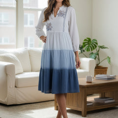 Ocean Haze Ombre Blue Embroidered Fit & Flare Dress