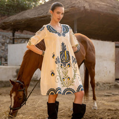 Cream Cotton Embroidered Midi Dress with V-Neck & Elbow Sleeves