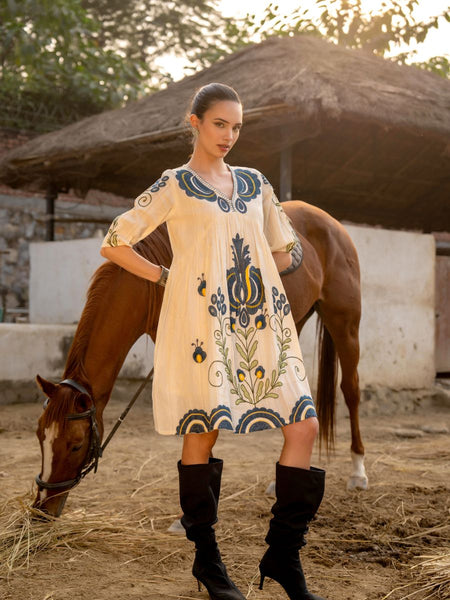 Cream Cotton Embroidered Midi Dress with V-Neck & Elbow Sleeves