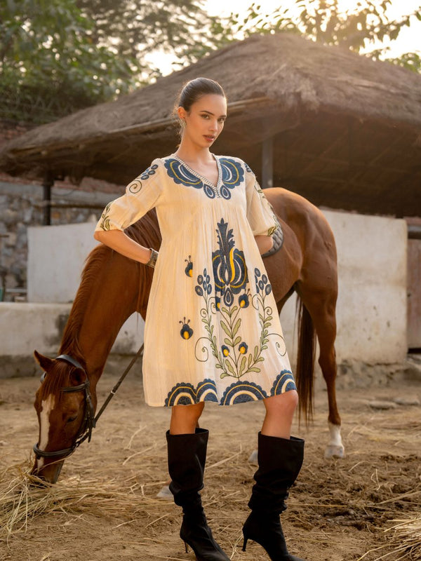 Cream Cotton Embroidered Midi Dress with V-Neck & Elbow Sleeves