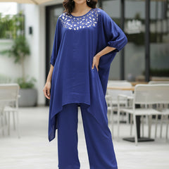 Blue Satin Sequin Work Kaftan Co-ord Set