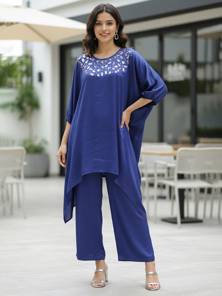 Blue Satin Sequin Work Kaftan Co-ord Set