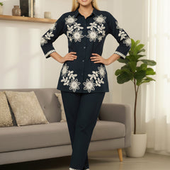 Navy Blue Cotton Embroidered Floral Co-Ord Set
