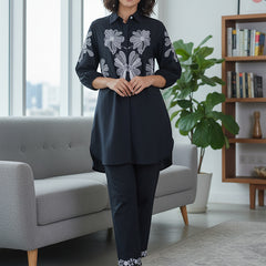 Navy Blue Shirt Pattern Co-ord Set