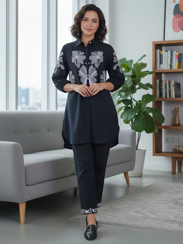 Navy Blue Shirt Pattern Co-ord Set