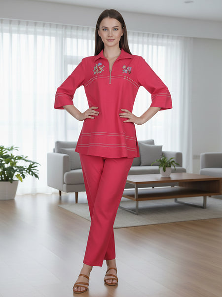 Pink Embroidered Cotton Co-Ord Set with Collar Neck Shirt & Straight Pants