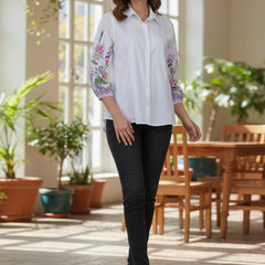 Women’s Casual White Shirt Top with Multicolor Embroidery