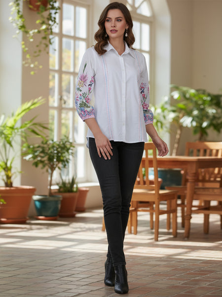 Women’s Casual White Shirt Top with Multicolor Embroidery