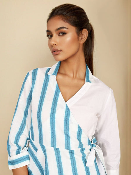 White Blue Cotton Wrap shirt