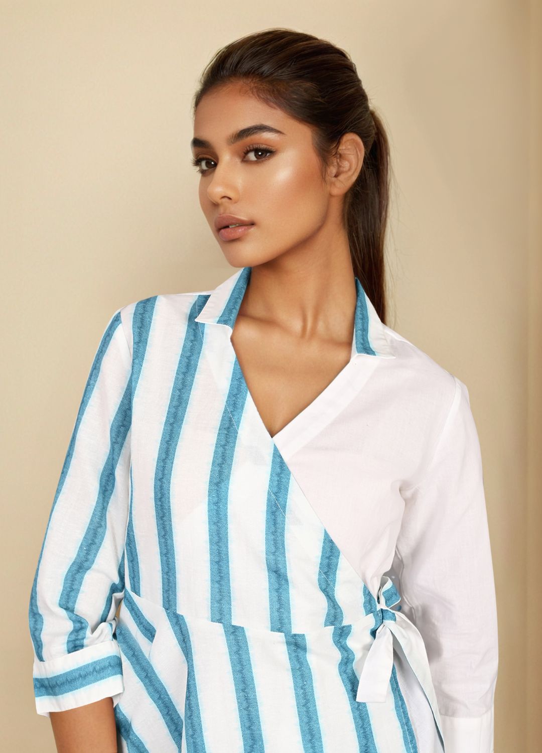 White Blue Cotton Wrap shirt