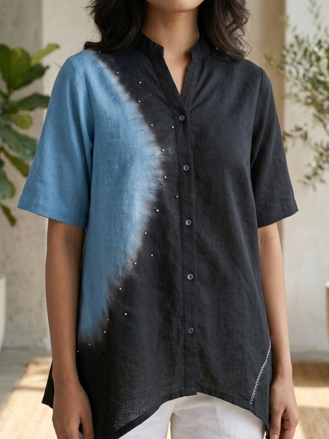 Stylish Ombre Dyed High-Low Tunic Top with Mandarin Collar & Short Sleeves