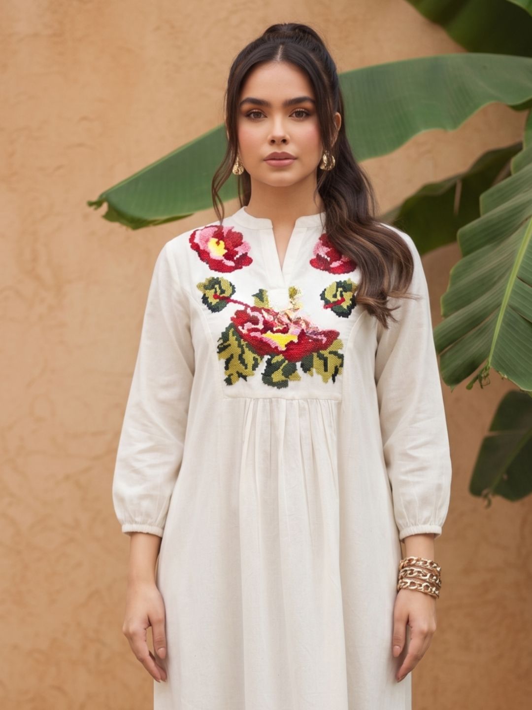 Off-White Floral Embroidered A-Line Midi Kurta Dress
