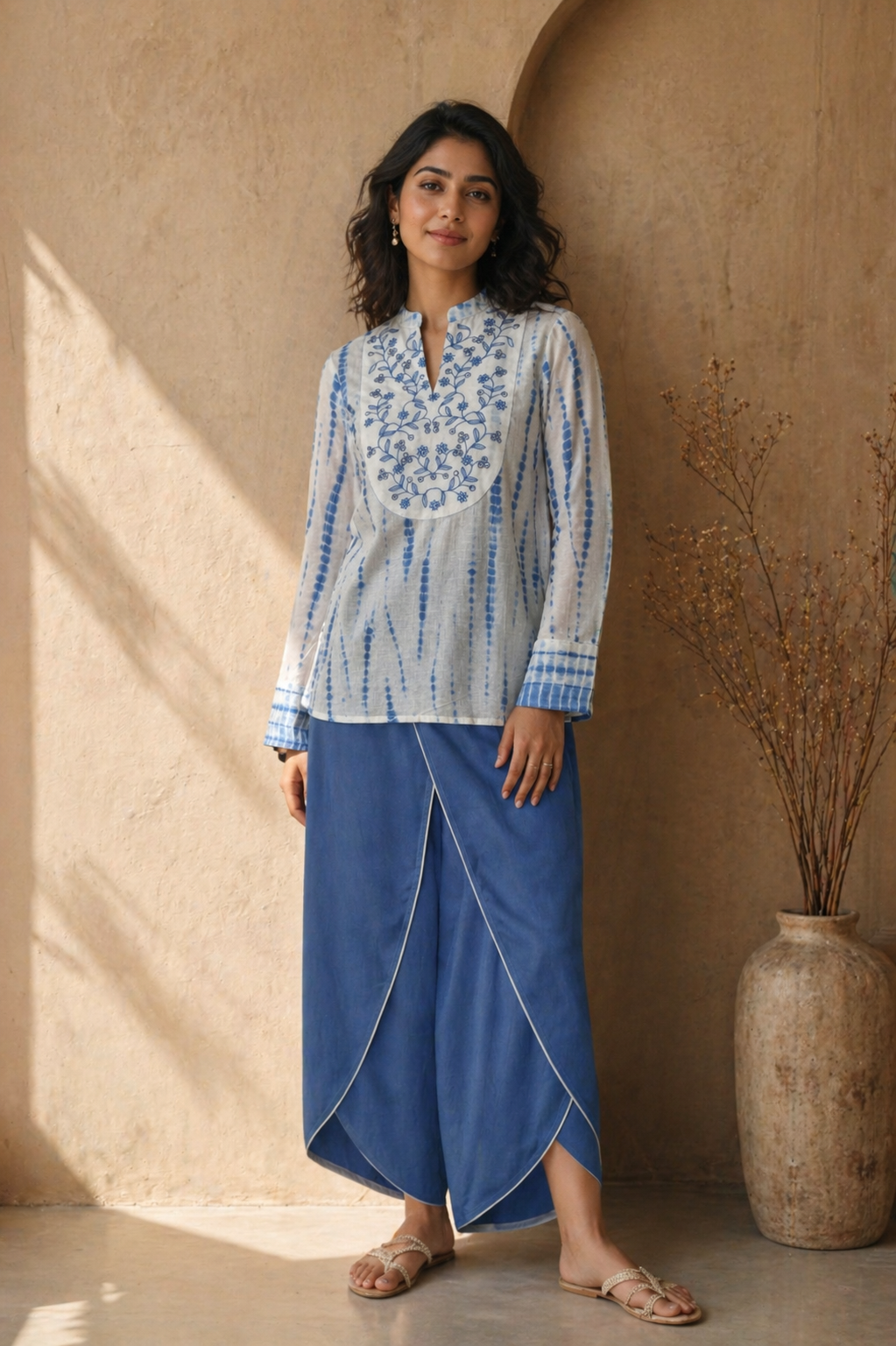 Elegant Blue Embroidered Kurta with Contemporary Draped Palazzo