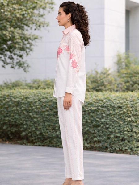 Women Stylish Printed White Shirt And Pants Set