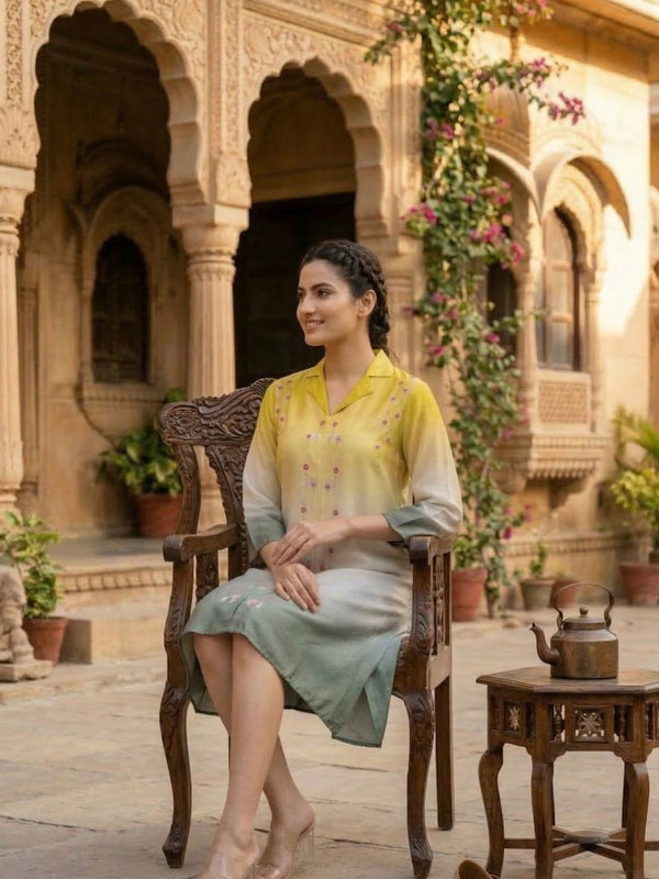 Stylish Yellow Green Ombre Summer Dress