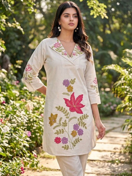 Beige Silk Embroidered Collar Neck Co-Ord Set