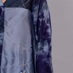 Stylish Navy Blue Satin Tie-Dye Embroidered Co-Ord Set