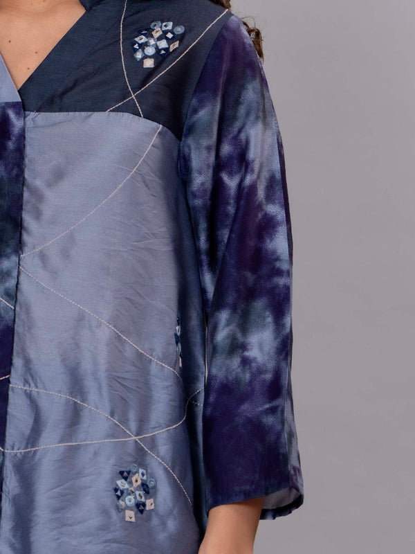 Stylish Navy Blue Satin Tie-Dye Embroidered Co-Ord Set