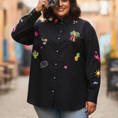 Women Black Embroidered Casual Cotton Shirt