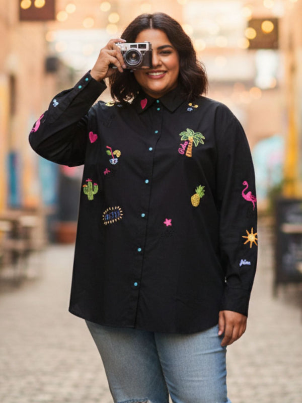 Women Black Embroidered Casual Cotton Shirt