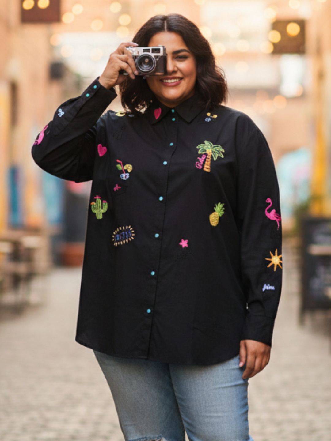 Women Black Embroidered Casual Cotton Shirt