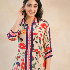 Elegant Beige Floral Shirt Style Top and Bottom Set