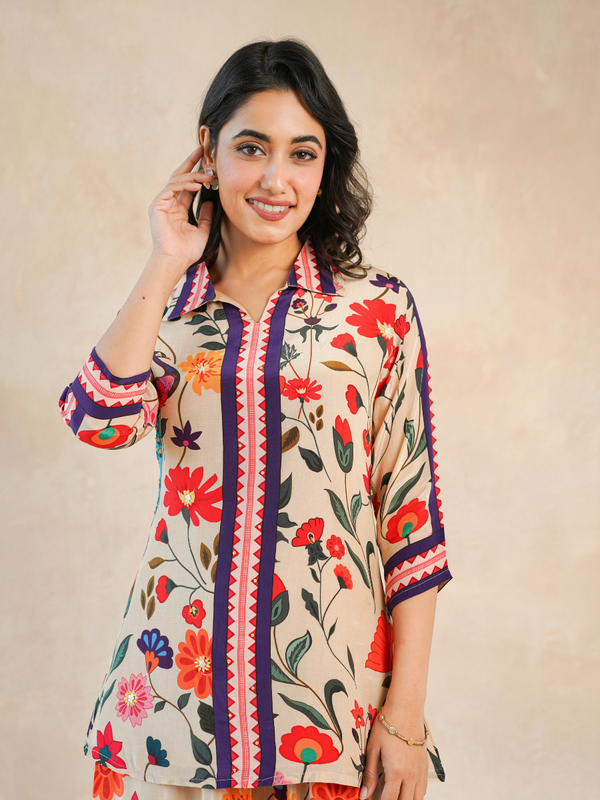Elegant Beige Floral Shirt Style Top and Bottom Set