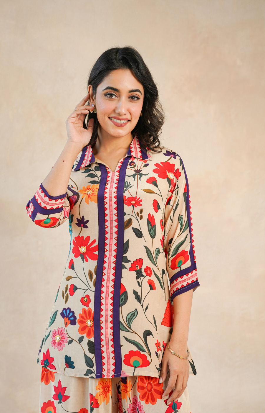 Elegant Beige Floral Shirt Style Top and Bottom Set