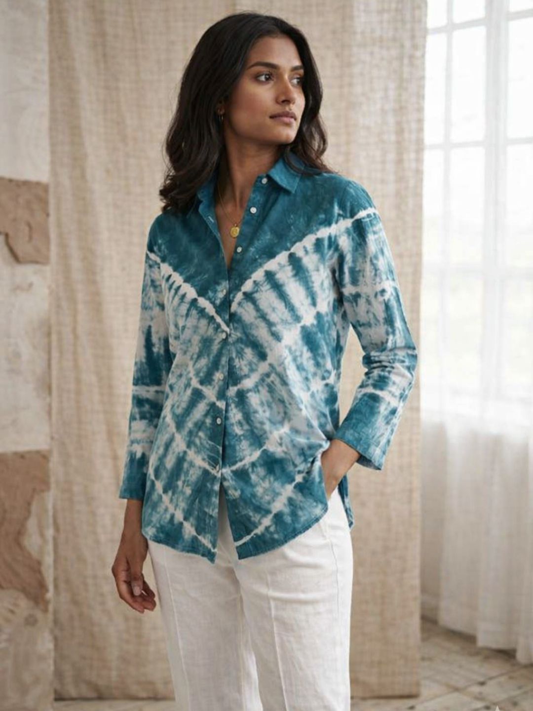 Stylish Tie-Dye Shirt Top with Collar Neck & Full Sleeves