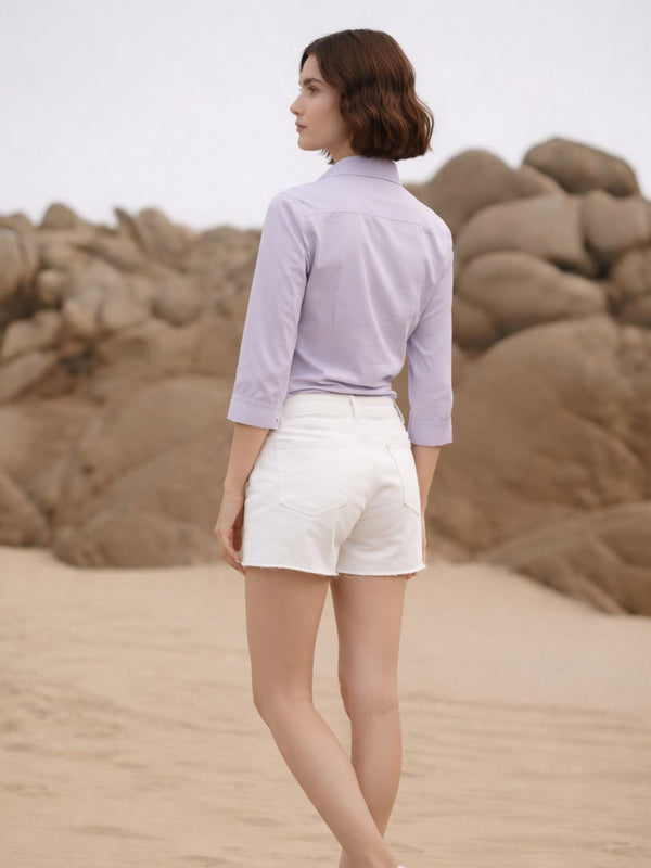 Lavender Bloom Embroidered Cotton Shirt with Classic Collar
