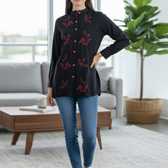 Classic Black High-Neck Embroidered Tunic Top