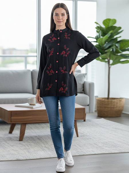 Classic Black High-Neck Embroidered Tunic Top