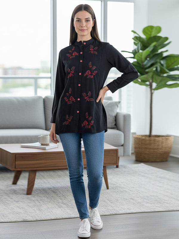 Classic Black High-Neck Embroidered Tunic Top