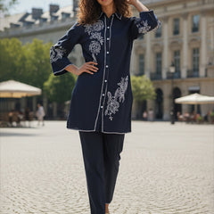 Navy Blue White Embroidered Co-ord Set