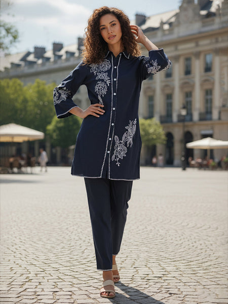 Navy Blue White Embroidered Co-ord Set